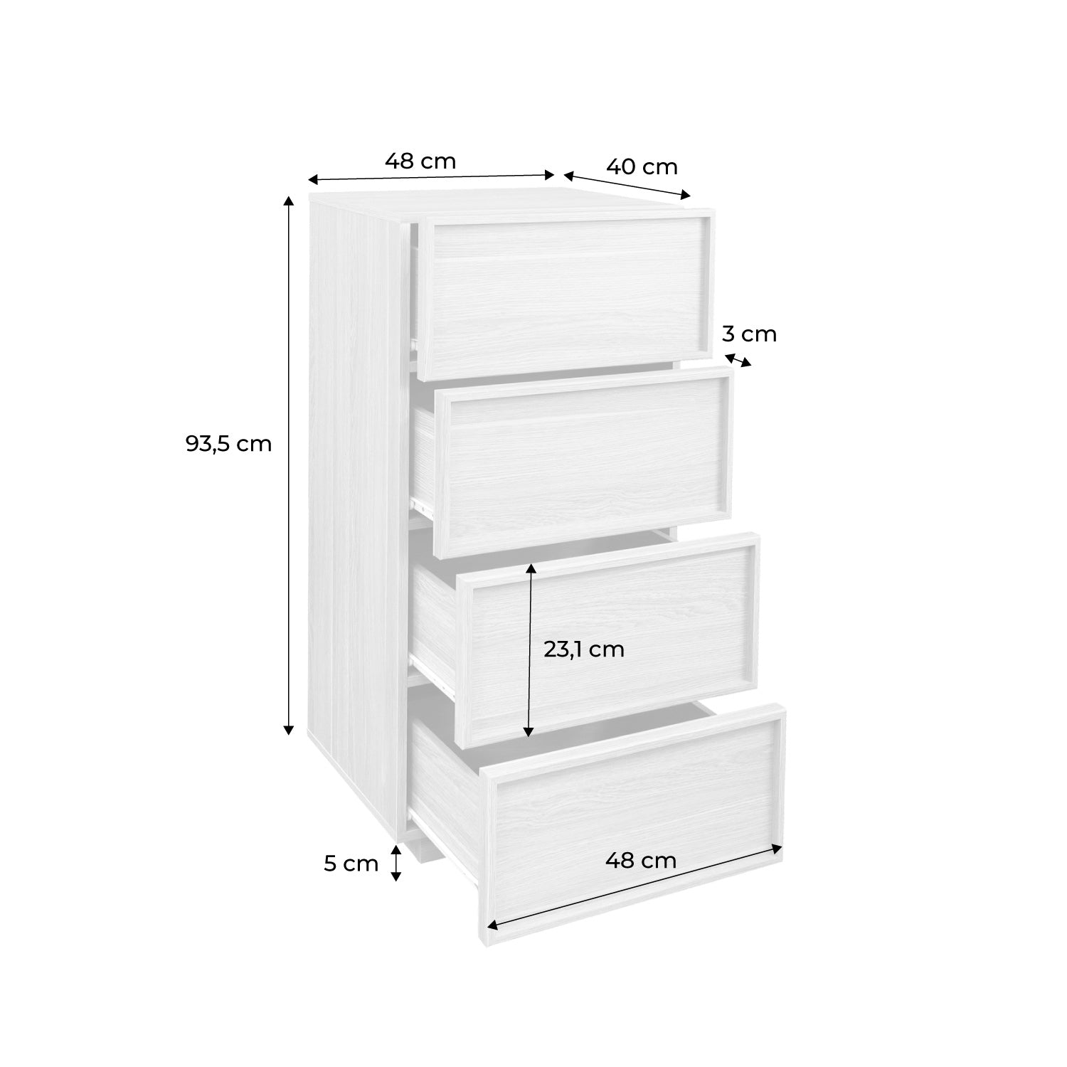 Cassettiera alta con 4 cassetti effetto legno, marrone naturale