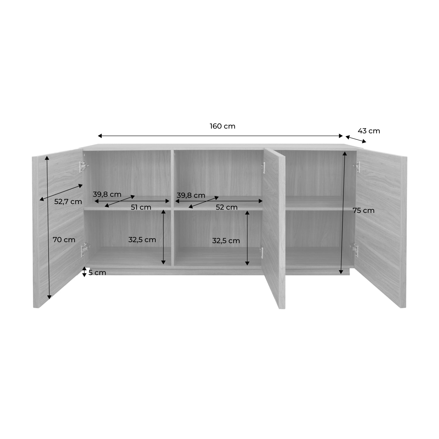 Credenza effetto legno 3 ante, 160cm, marrone
