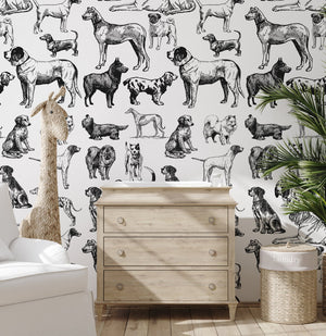 Carta da Parati Cani Bianchi e Neri Carta Vegana 250x200cm 5,5mq 