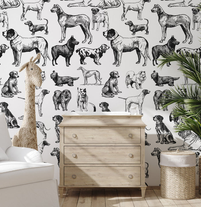 Carta da Parati Cani Bianchi e Neri Carta Vegana 250x200cm 5,5mq 