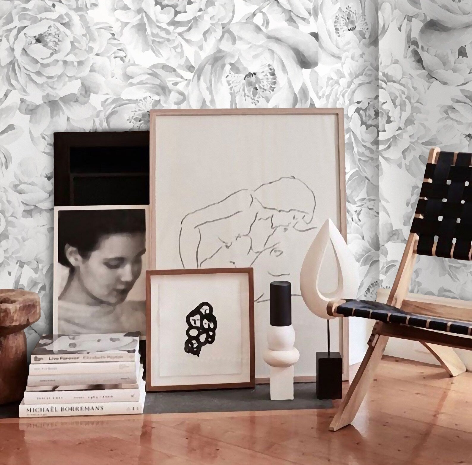 Carta da Parati Peonie Bianca e Nera Carta Vegana 250x200cm 5,5mq 