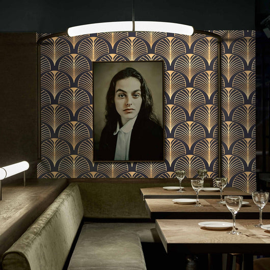 Carta da Parati Art Déco Anni '30 Nera e Oro Carta Vegana 250x200cm 5,5mq 