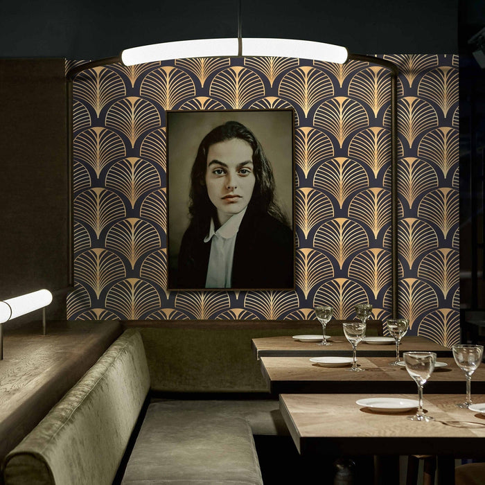 Carta da Parati Art Déco Anni '30 Nera e Oro Carta Vegana 250x200cm 5,5mq 