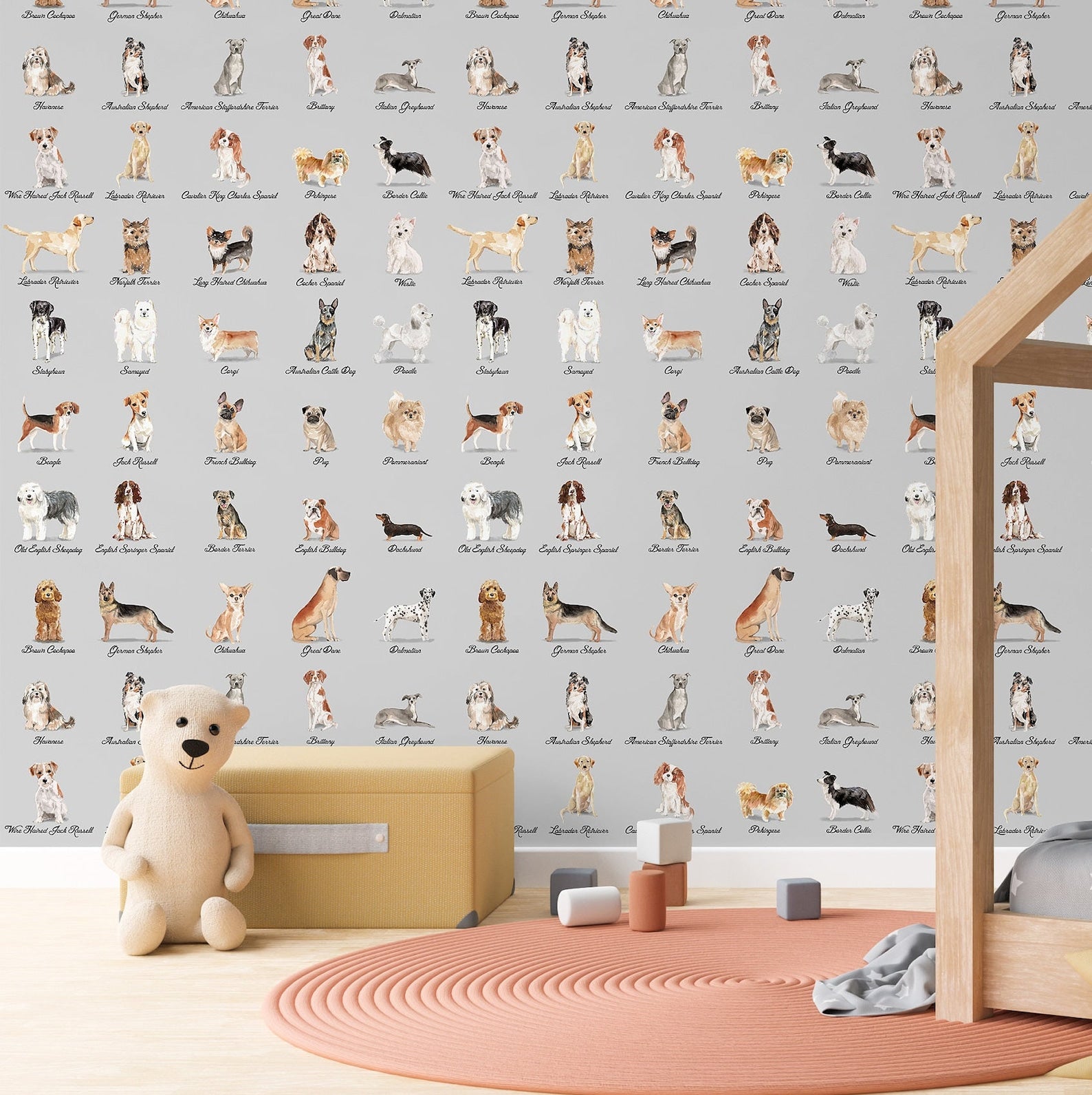 Carta da Parati Cani Sfondo Grigio Carta Vegana 250x200cm 5,5mq 