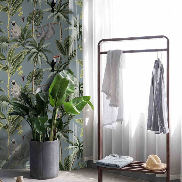 Carta da Parati Jungla Tropicale Grigia Carta Vegana 250x200cm 5,5mq 