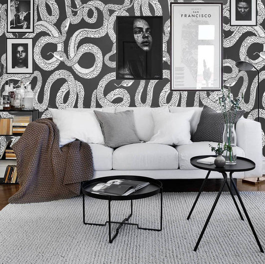 Carta da Parati Serpenti Bianca e Nera Carta Vegana 250x200cm 5,5mq 