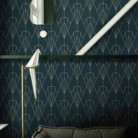 Carta da Parati Art Déco Anni 30 Verde Petrolio Carta Vegana 250x200cm 5,5mq 