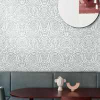 Carta da Parati Shabby Chic Bianca e Blu Damascata Floreale Carta Vegana 250x200cm 5,5mq 