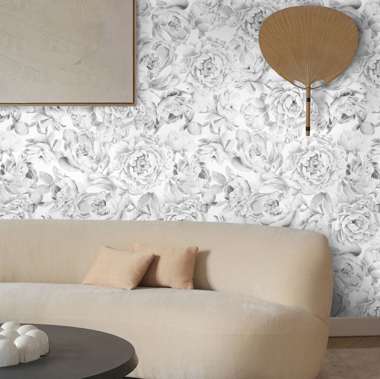 Carta da Parati Peonie Bianca e Nera Carta Vegana 250x200cm 5,5mq 