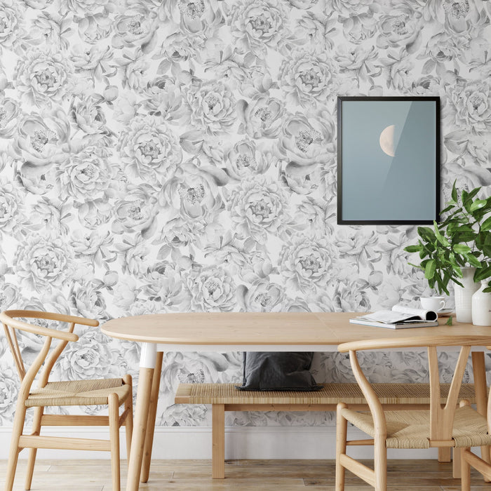 Carta da Parati Peonie Bianca e Nera Carta Vegana 250x200cm 5,5mq 