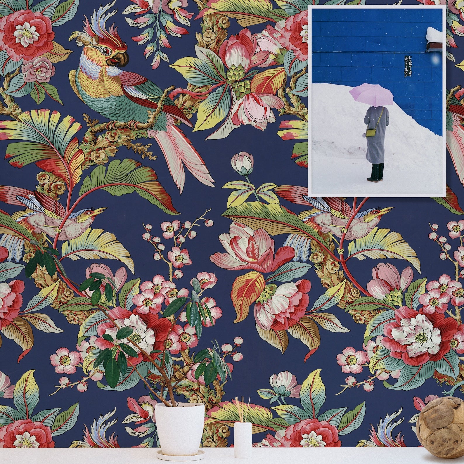 Carta da Parati Cinese in Blu con Uccellini Carta Vegana 250x200cm 5,5mq