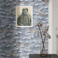 Carta da Parati Mare Vintage con Onde e Balene Carta Vegana 250x200cm 5,5mq 