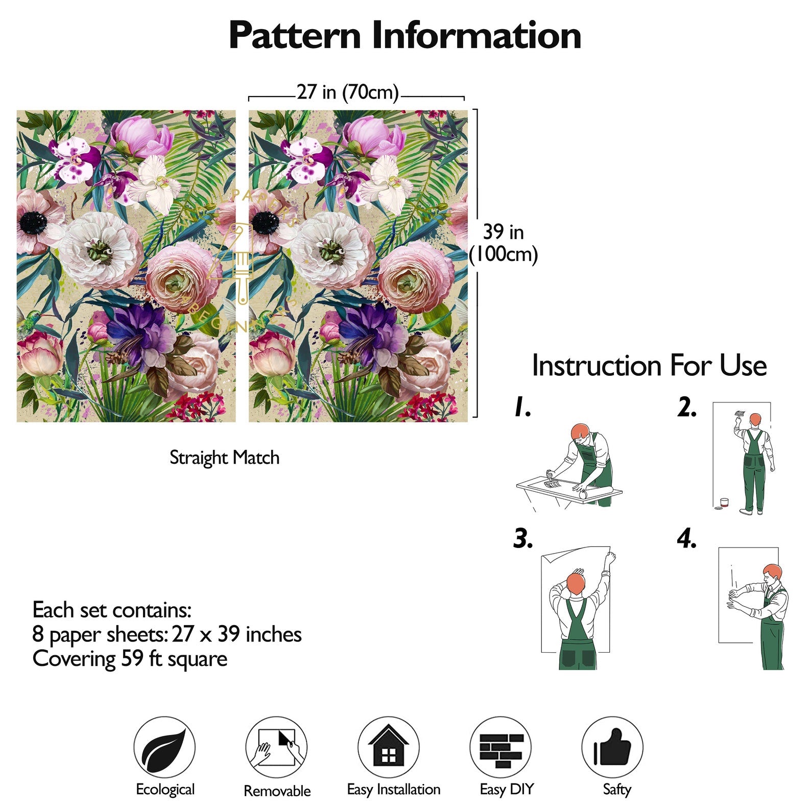 Carta da Parati Floreale con Fiori Rosa Carta Vegana 250x200cm 5,5mq 