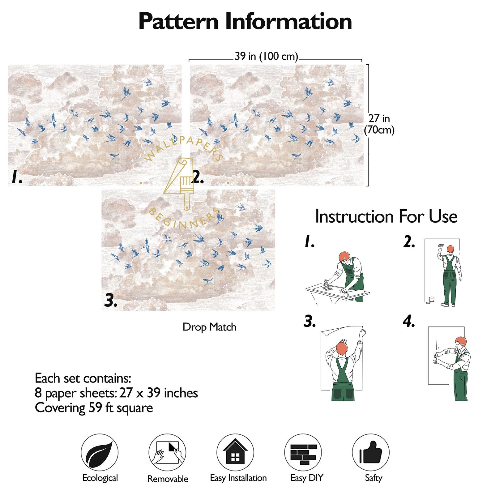 Carta da Parati Nuvole al Tramonto con Rondini Carta Vegana 250x200cm 5,5mq 