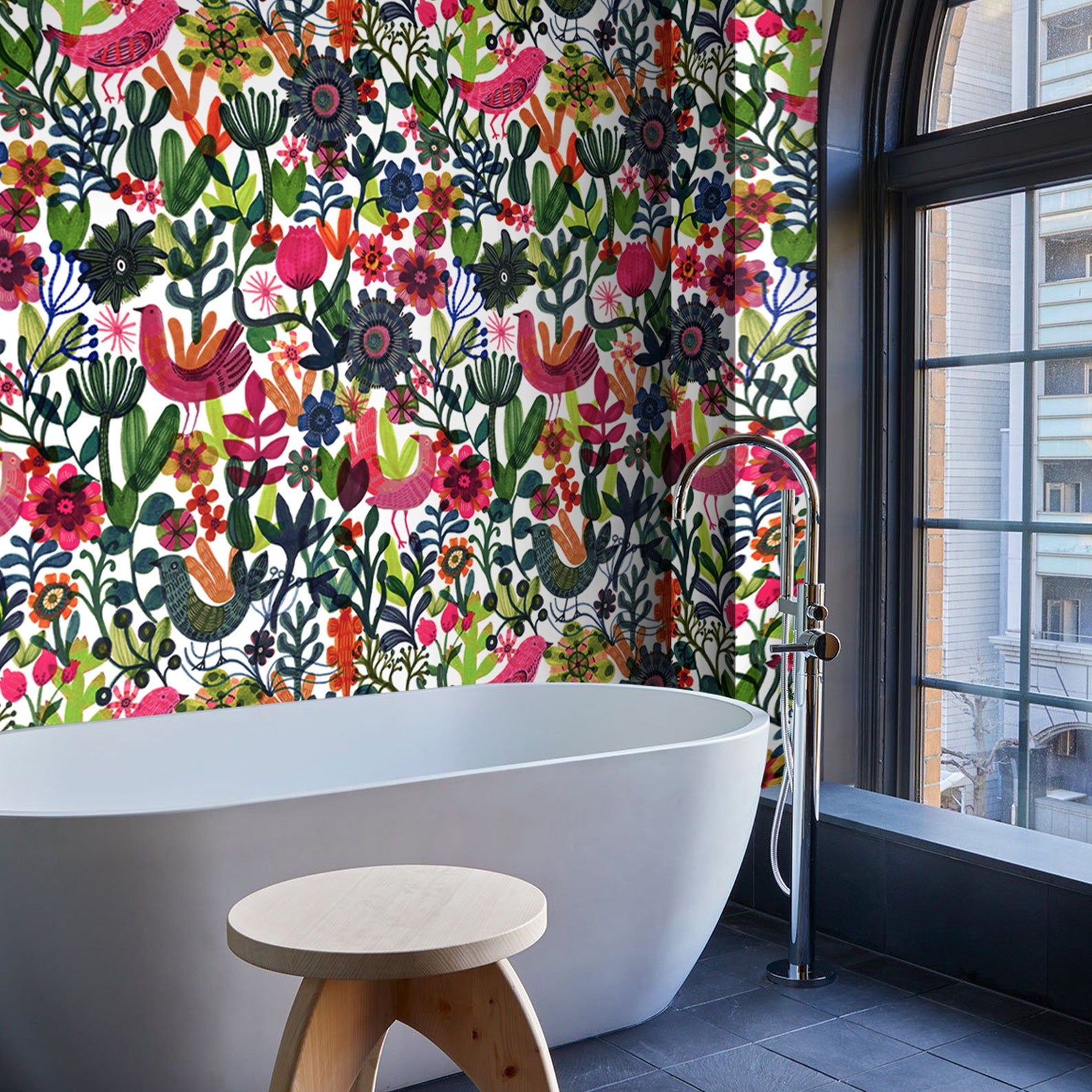 Carta da Parati Botanica con Uccellini Carta Vegana 250x200cm 5,5mq 