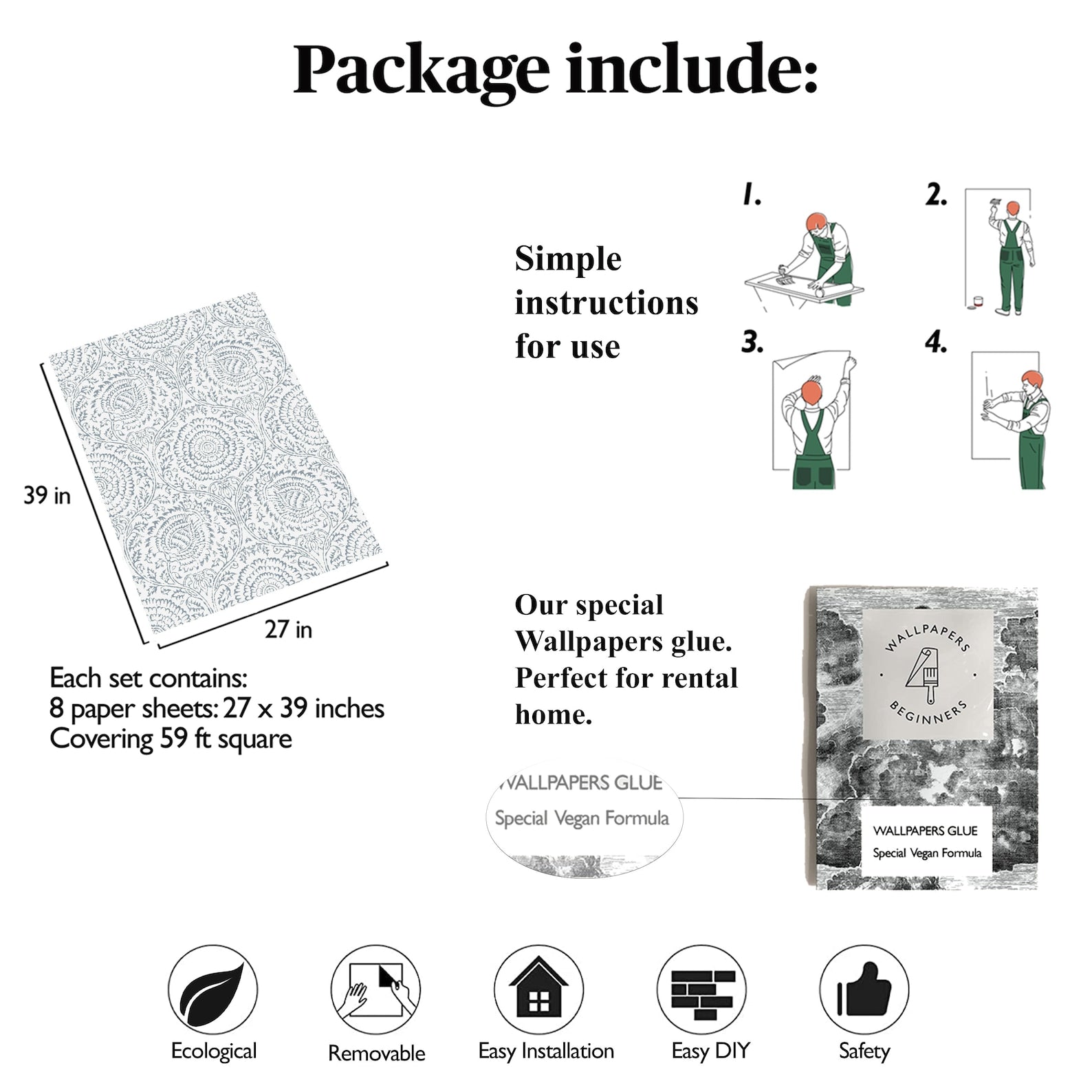 Carta da Parati Shabby Chic Bianca e Blu Damascata Floreale Carta Vegana 250x200cm 5,5mq 