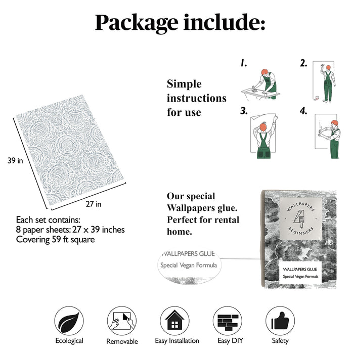 Carta da Parati Shabby Chic Bianca e Blu Damascata Floreale Carta Vegana 250x200cm 5,5mq 