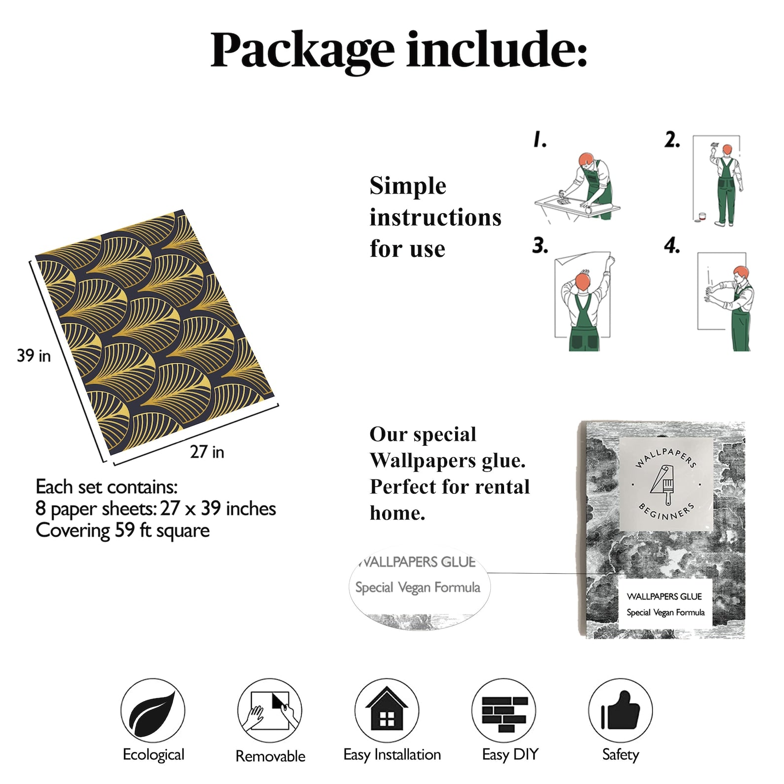 Carta da Parati Art Déco Anni '30 Nera e Oro Carta Vegana 250x200cm 5,5mq 