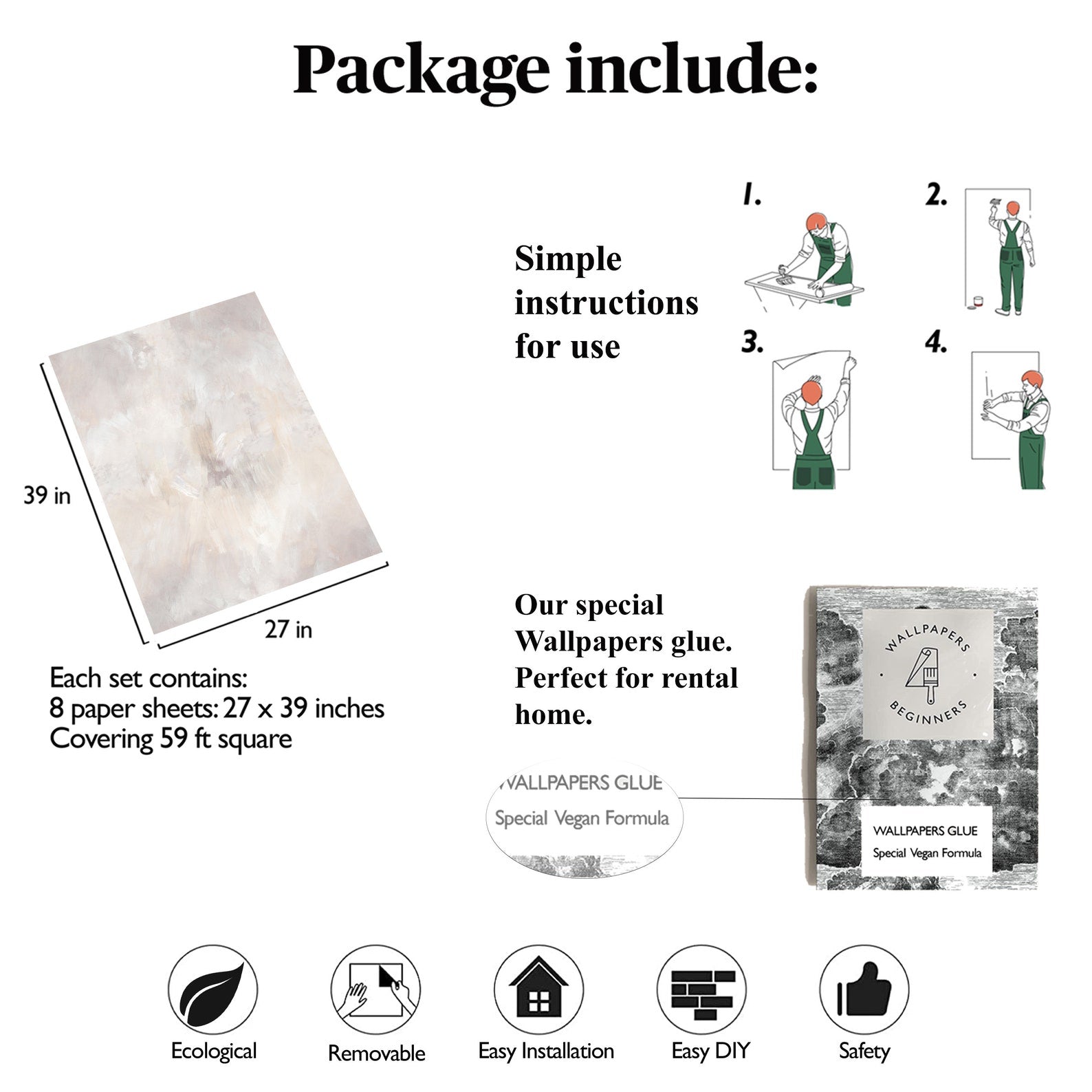 Carta da Parati Stucco Veneziano Beige e Tortora Carta Vegana 250x200cm 5,5mq 