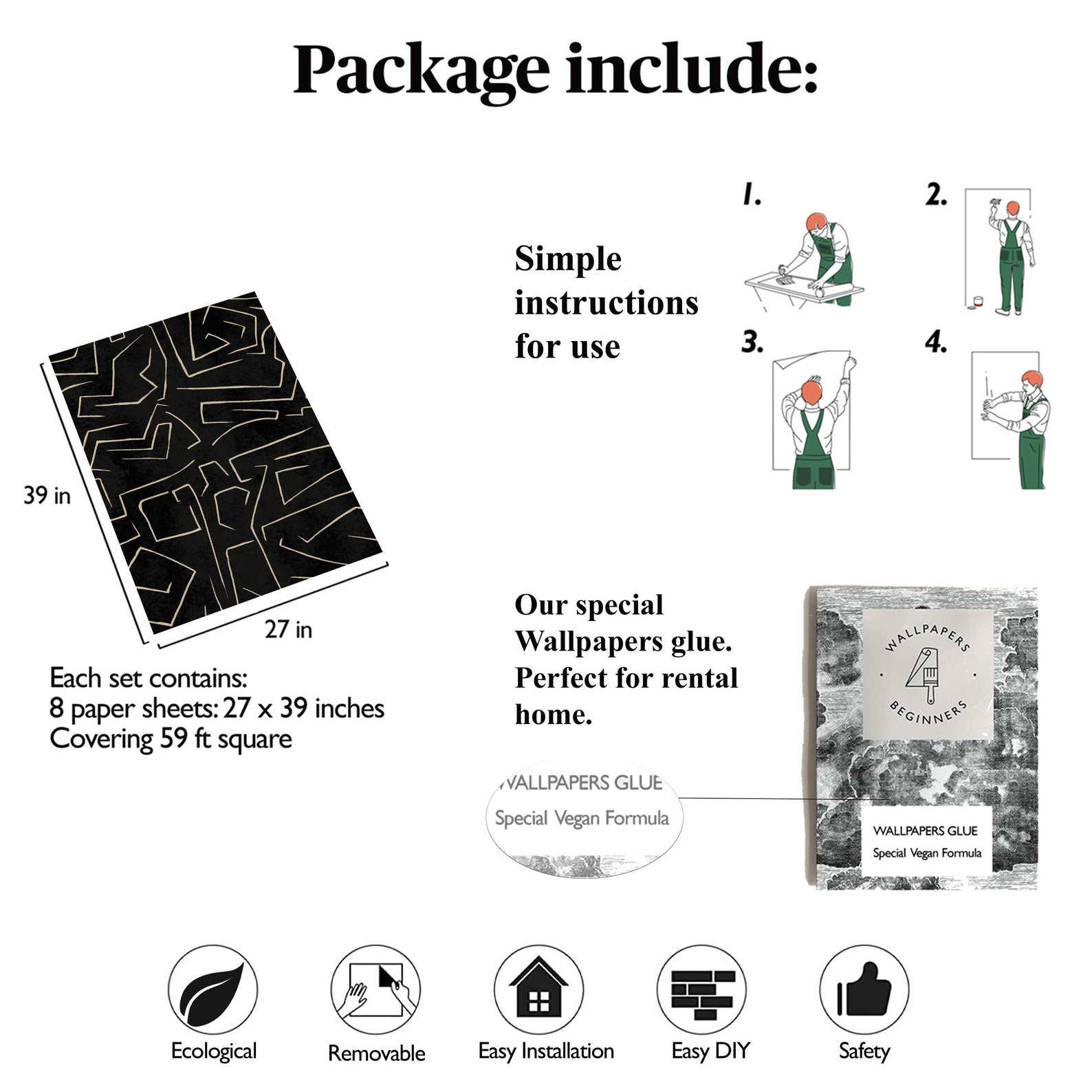 Carta da Parati Nera e Oro Graffiti con Strisce Astratta Carta Vegana 250x200cm 5,5mq 