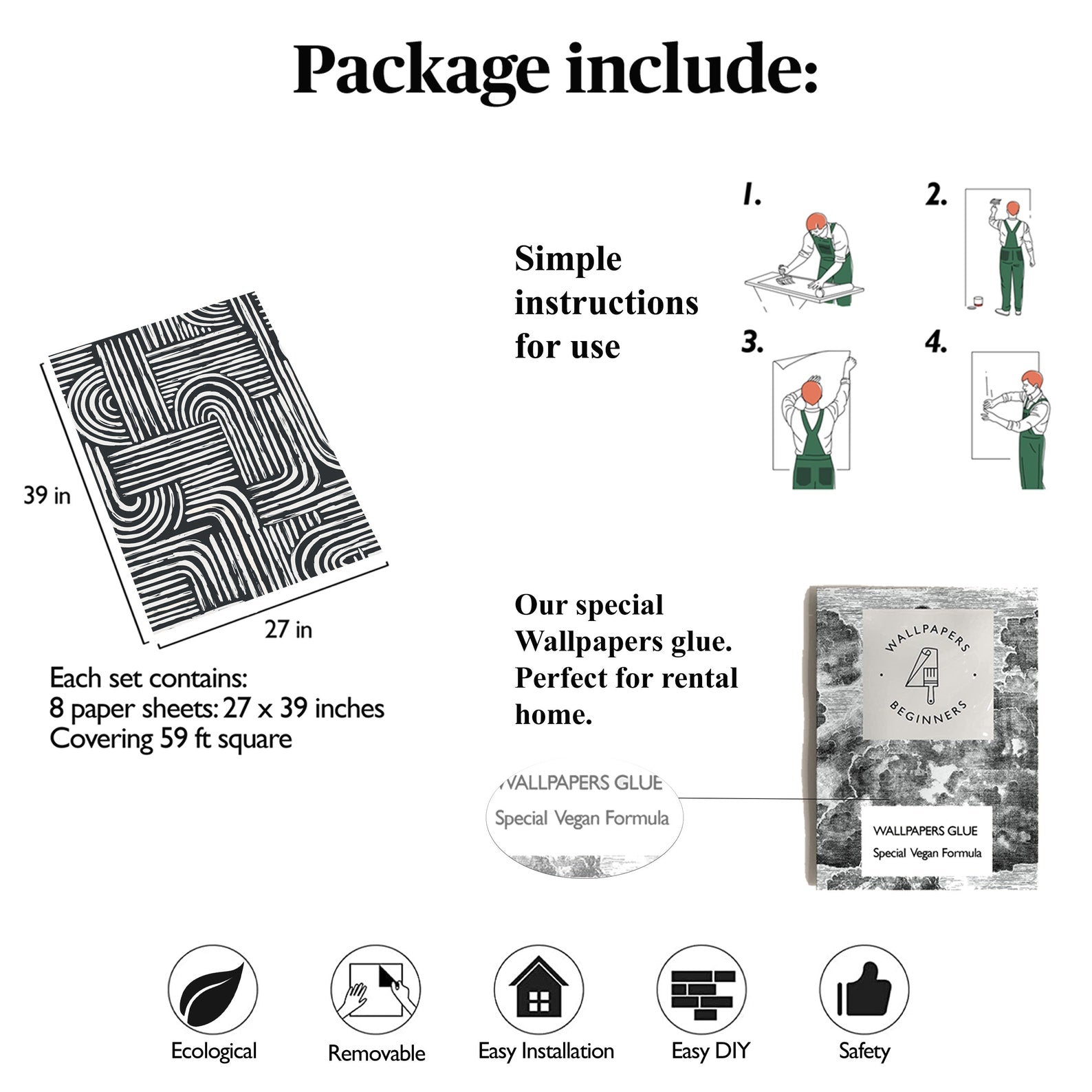 Carta da Parati Righe Nere Carta Vegana 250x200cm 5,5mq 