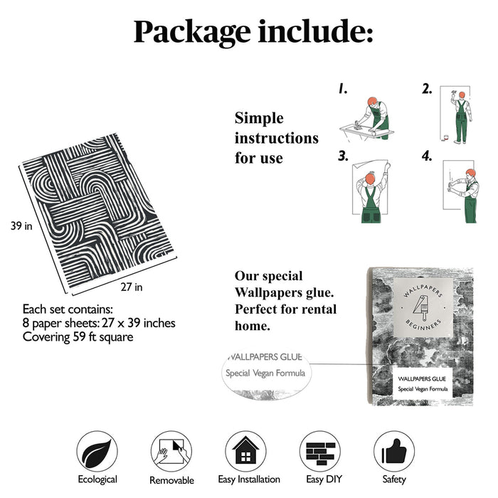 Carta da Parati Righe Nere Carta Vegana 250x200cm 5,5mq 