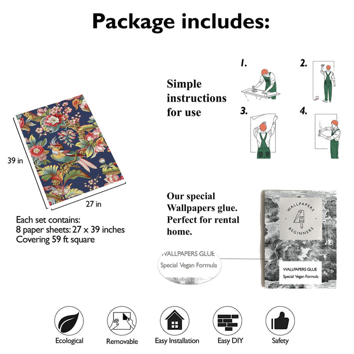 Carta da Parati Cinese in Blu con Uccellini Carta Vegana 250x200cm 5,5mq