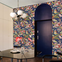 Carta da Parati Cinese in Blu con Uccellini Carta Vegana 250x200cm 5,5mq