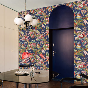 Carta da Parati Cinese in Blu con Uccellini Carta Vegana 250x200cm 5,5mq