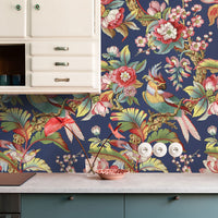 Carta da Parati Cinese in Blu con Uccellini Carta Vegana 250x200cm 5,5mq