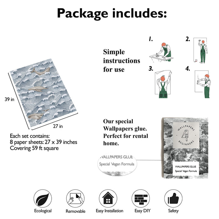 Carta da Parati Mare Vintage con Onde e Balene Carta Vegana 250x200cm 5,5mq 