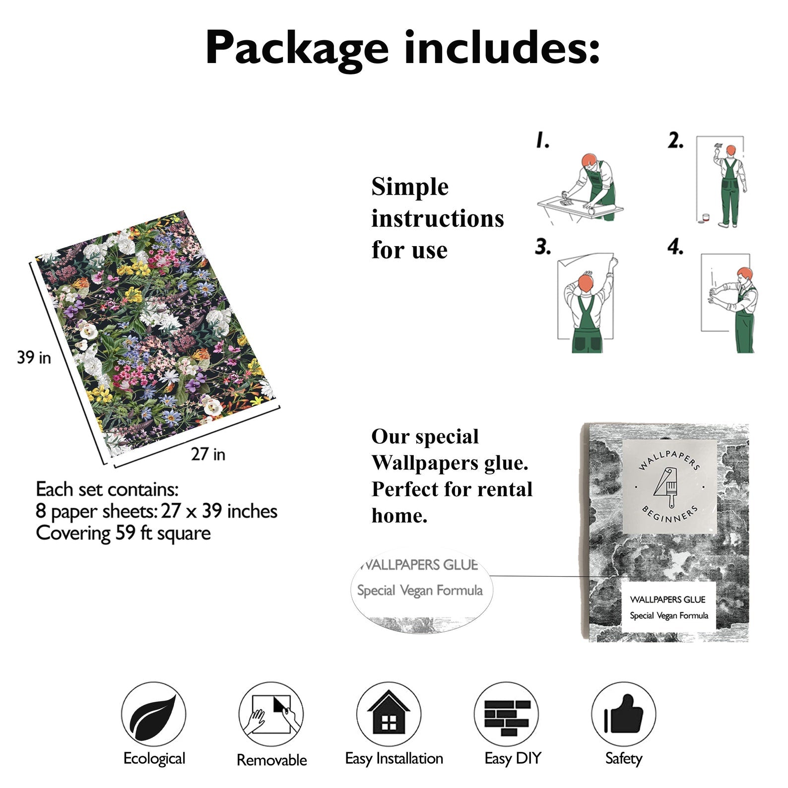 Carta da Parati Fiori Botanici Carta Vegana 250x200cm 5,5mq 