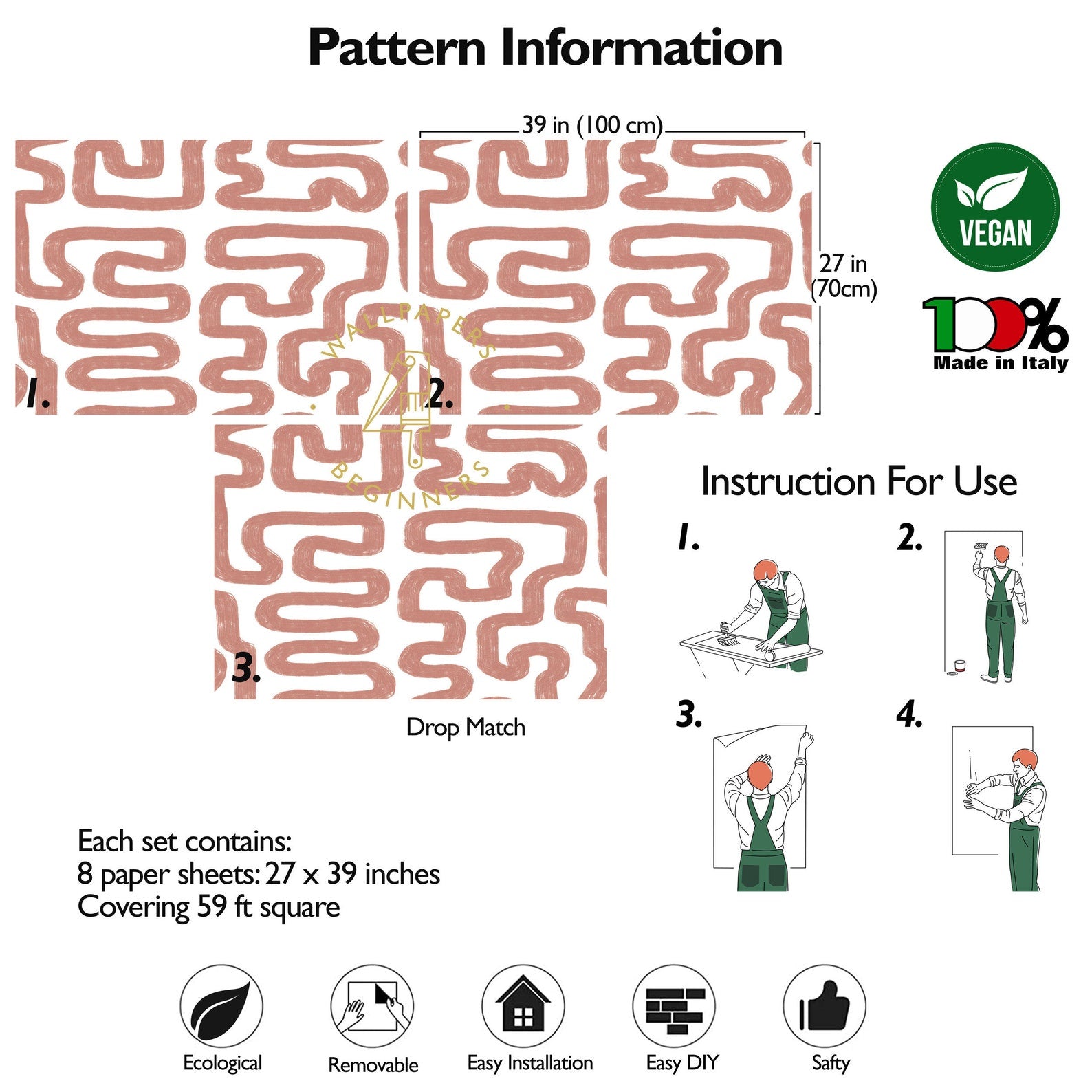 Carta da Parati Astratta Bianca e Rosa Carta Vegana 250x200cm 5,5mq 