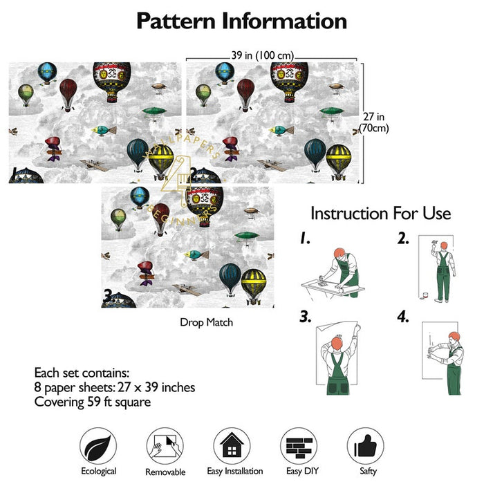 Carta da Parati Mongolfiere Carta Vegana 250x200cm 5,5mq 