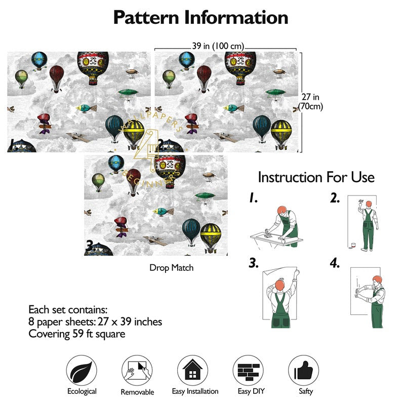 Carta da Parati Mongolfiere Carta Vegana 250x200cm 5,5mq 