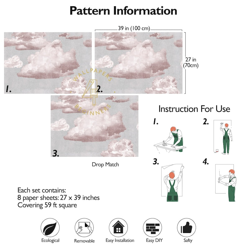 Carta da Parati Nuvole Rosa Carta Vegana 250x200cm 5,5mq 