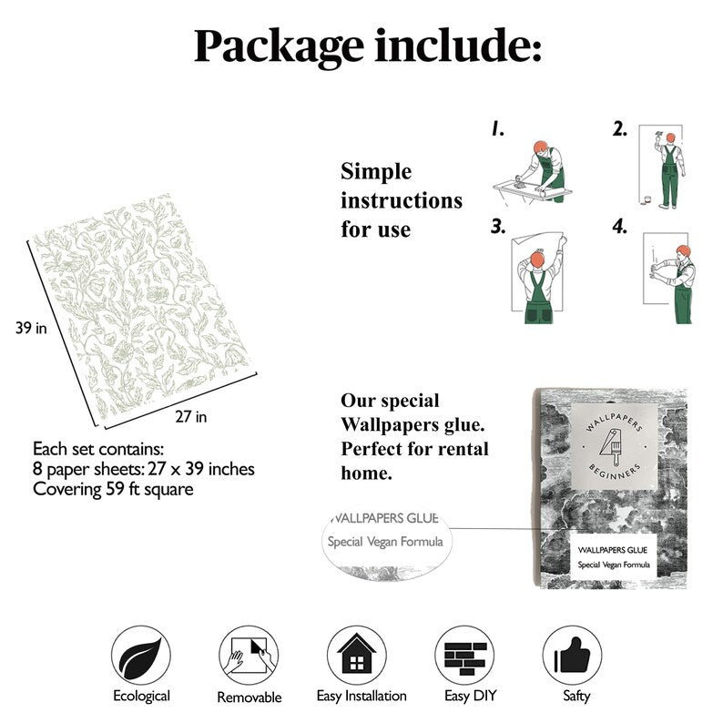 Carta da Parati Foglie Verdi Edera Bianca e Verde Carta Vegana 250x200cm 5,5mq 