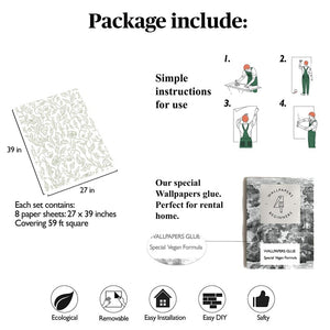 Carta da Parati Foglie Verdi Edera Bianca e Verde Carta Vegana 250x200cm 5,5mq 