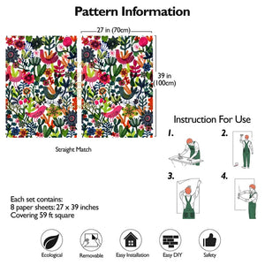 Carta da Parati Botanica con Uccellini Carta Vegana 250x200cm 5,5mq 