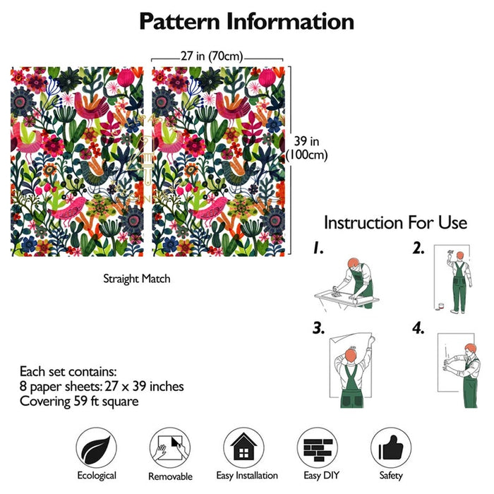 Carta da Parati Botanica con Uccellini Carta Vegana 250x200cm 5,5mq 