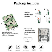 Carta da Parati Aironi Verdi Carta Vegana 250x200cm 5,5mq 