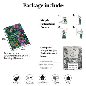 Carta da Parati Giungla Tropicale con Scimmie e Tigre Carta Vegana 250x200cm 5,5mq 