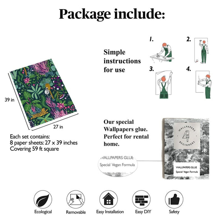 Carta da Parati Giungla Tropicale con Scimmie e Tigre Carta Vegana 250x200cm 5,5mq 