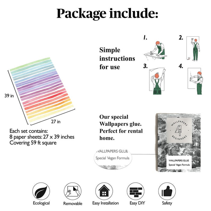 Carta da Parati a Righe Arcobaleno Carta Vegana 250x200cm 5,5mq 