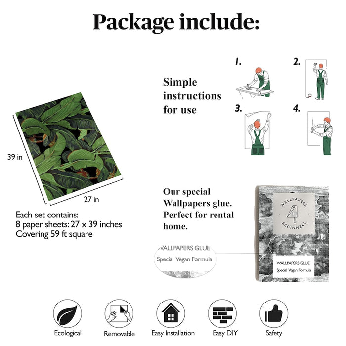 Carta da Parati Foglie di Banano Nera Carta Vegana 250x200cm 5,5mq 