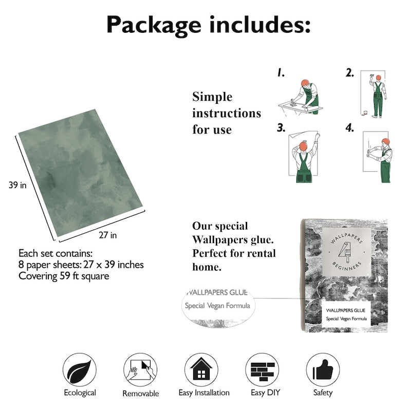 Carta da Parati Stucco Veneziano Verde Carta Vegana 250x200cm 5,5mq 