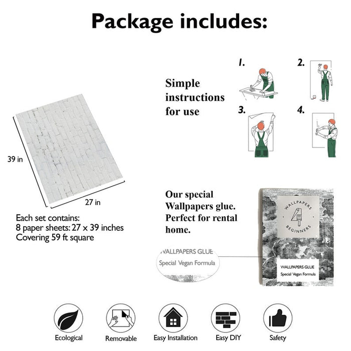 Carta da Parati Mattoni Bianchi Carta Vegana 250x200cm 5,5mq 