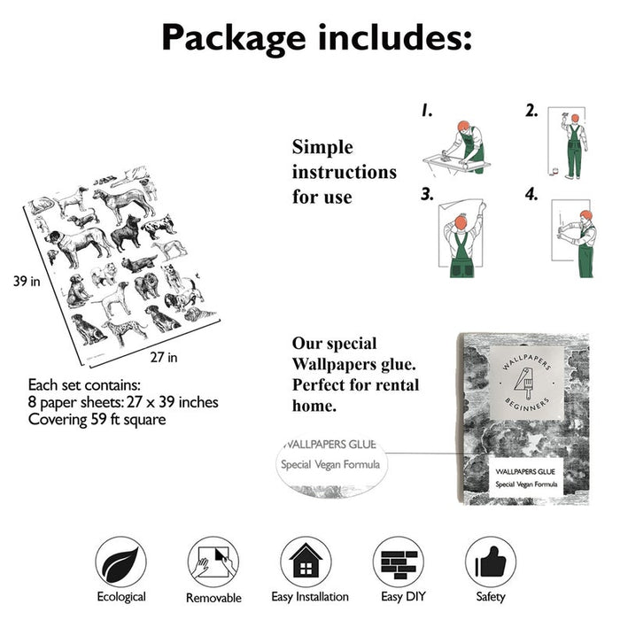 Carta da Parati Cani Bianchi e Neri Carta Vegana 250x200cm 5,5mq 