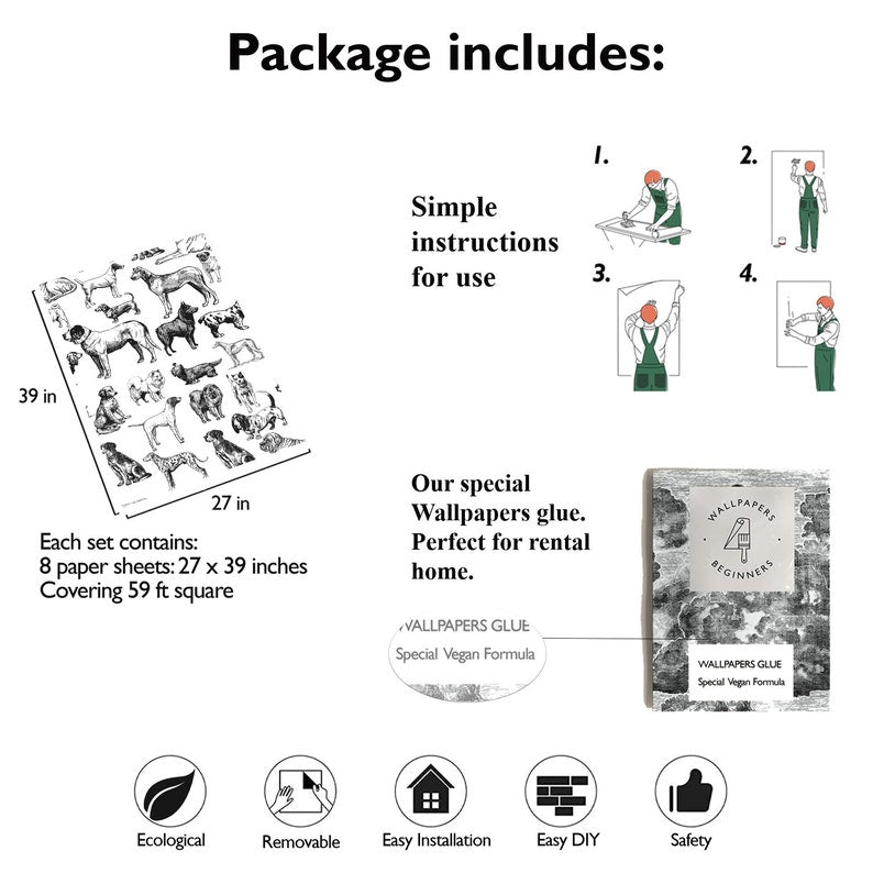 Carta da Parati Cani Bianchi e Neri Carta Vegana 250x200cm 5,5mq 