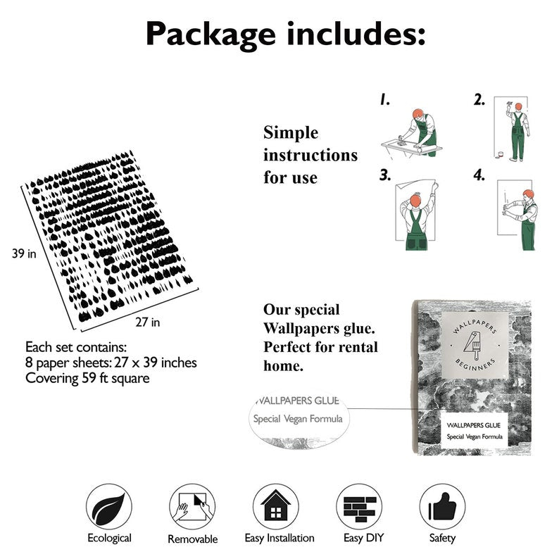 Carta da Parati Moderna Bianca e Nera in Stile Scandinavo Carta Vegana 250x200cm 5,5mq 